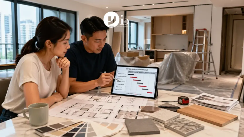 A couple reviews plans and schedule during a condo renovation timeline in a partially completed Singapore home