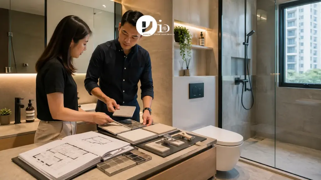 Homeowner and designer reviewing materials during a condo toilet renovation in a modern Singapore bathroom setting