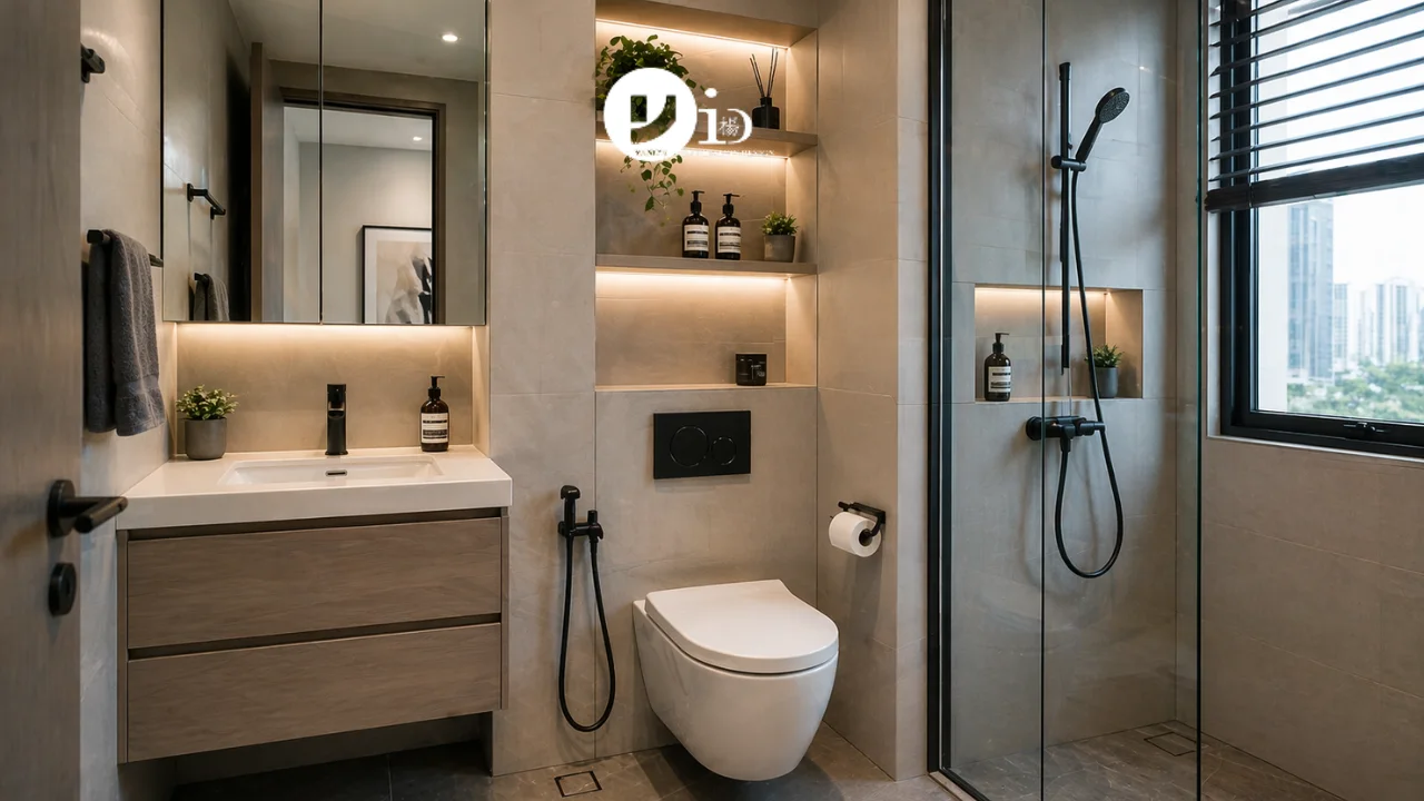 Compact condo toilet renovation showcasing smart space-saving design and modern fixtures in Singapore