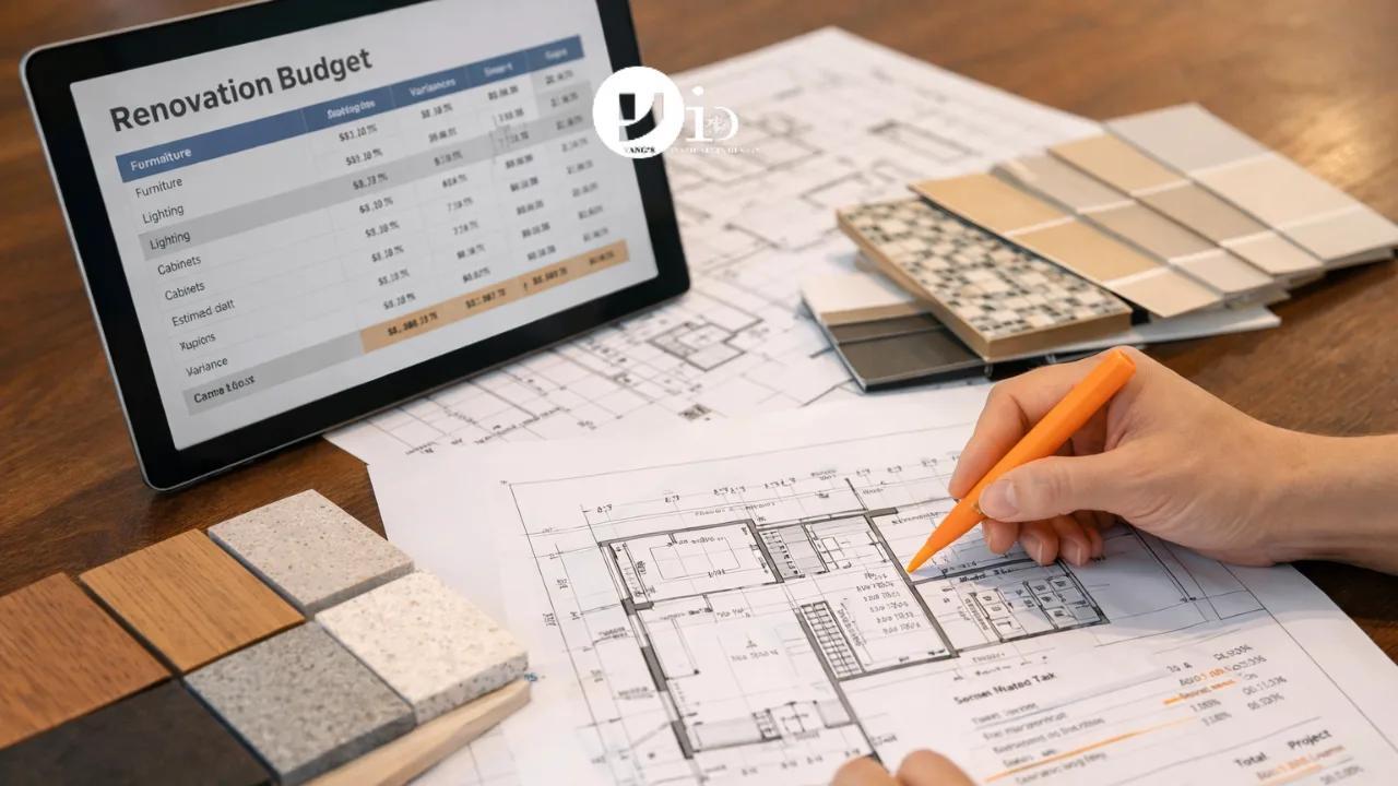 Close-up of renovation planning documents and budget details illustrating renovation loan Singapore cost considerations and risks