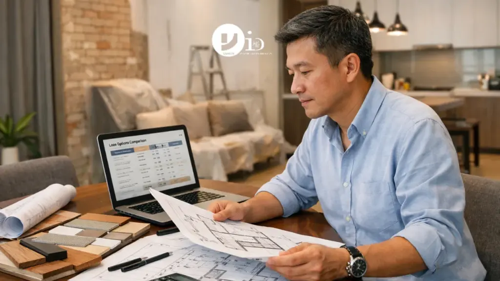 A homeowner in a modern Singapore landed house reviews renovation loan Singapore options alongside architectural plans and a laptop