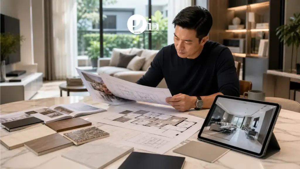 A homeowner compares renovation plans and material samples in a modern Singapore home while planning a condo renovation Singapore project