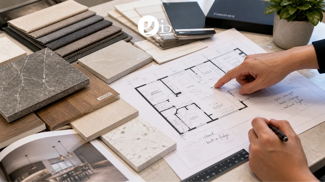 Material samples and floor plans are reviewed during a condo renovation Singapore planning process to evaluate design and layout options