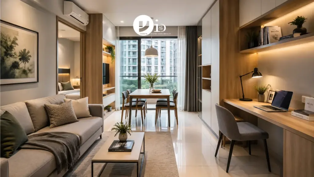 A thoughtfully designed condo space planning layout showing a compact living, dining, and workspace arrangement in a modern small home