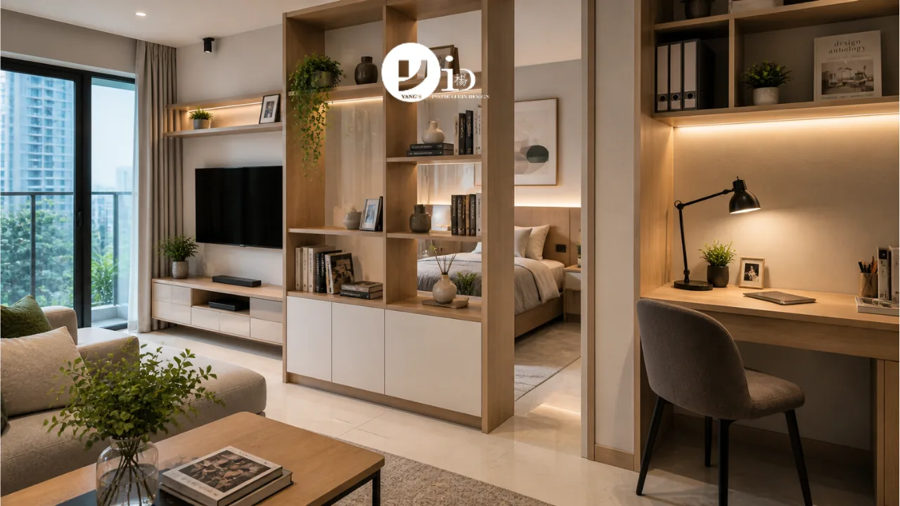 A condo space planning example showing how built-in shelving creates functional zones between living and workspace areas