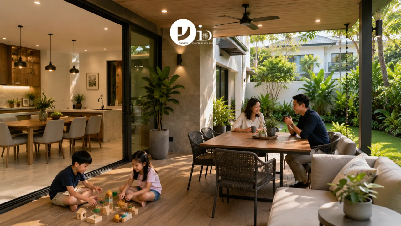 Landed Interior Design Ideas for Singapore Families: Spaces That Work for Everyone 2 A covered terrace connected to a Singapore landed home creates additional family living space with indoor-outdoor continuity and tropical landscaping.