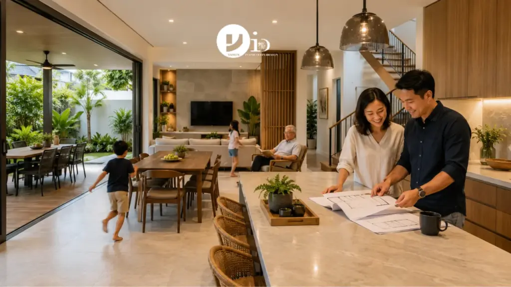 A modern Singapore landed home designed for family living, featuring an open-concept interior with multi-generational family members sharing a warm and functional living space.