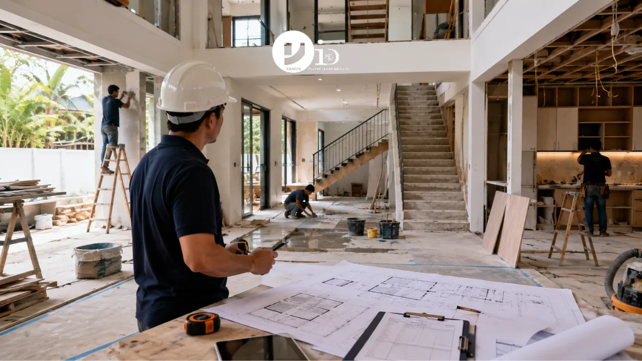 A renovation project manager coordinating construction work inside a Singapore landed property during different renovation phases. The image highlights the complexity of managing timelines and contractors during landed renovations