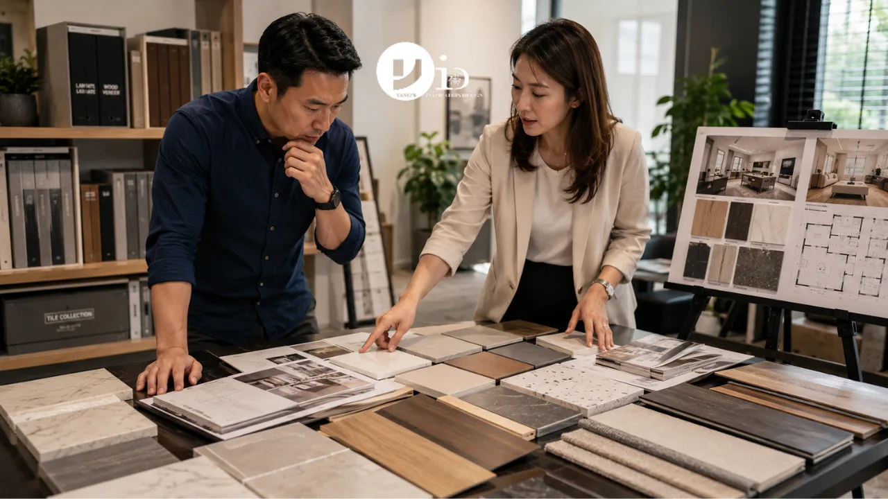 A homeowner compares flooring, cabinetry, and tile options with a designer while evaluating landed renovation cost in Singapore. The image illustrates how material choices influence renovation budgets.