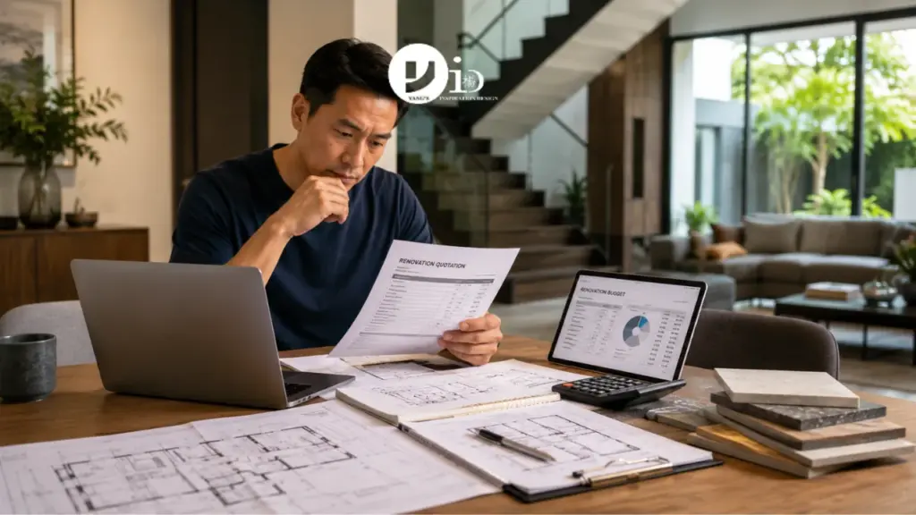 A homeowner reviews renovation plans and budget documents while planning a landed renovation cost in Singapore. The scene reflects the financial evaluation process before starting renovation works.