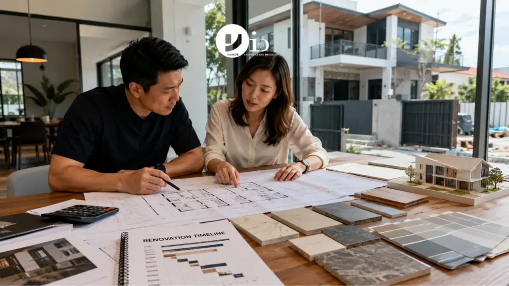 A Singapore homeowner planning a landed renovation with architectural drawings and material samples during a design consultation. The scene reflects the careful preparation required for landed renovation projects in Singapore