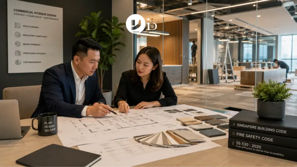 A Singapore business owner reviews commercial interior design plans with a designer while a modern office fit-out progresses in the background. The scene reflects the planning and decision-making involved in commercial interior design Singapore projects.