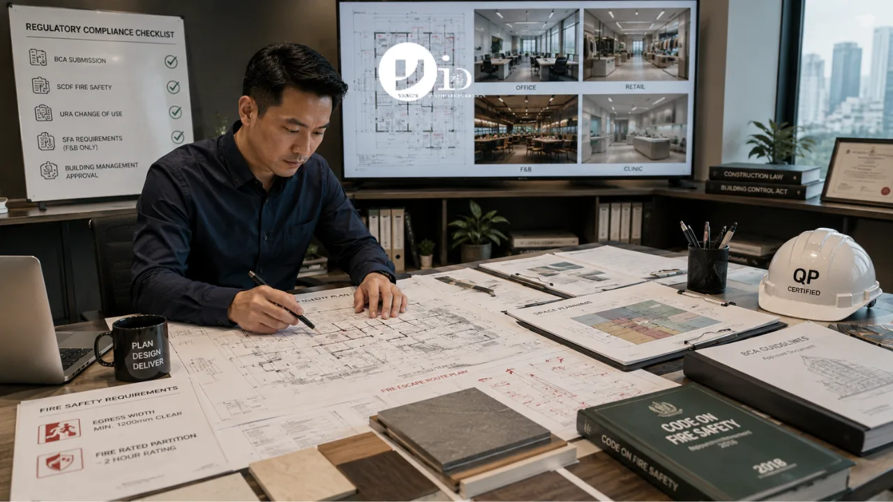 A commercial interior designer reviews space planning and compliance documents for a Singapore renovation project. The image highlights the strategic requirements behind successful commercial interior design Singapore projects.