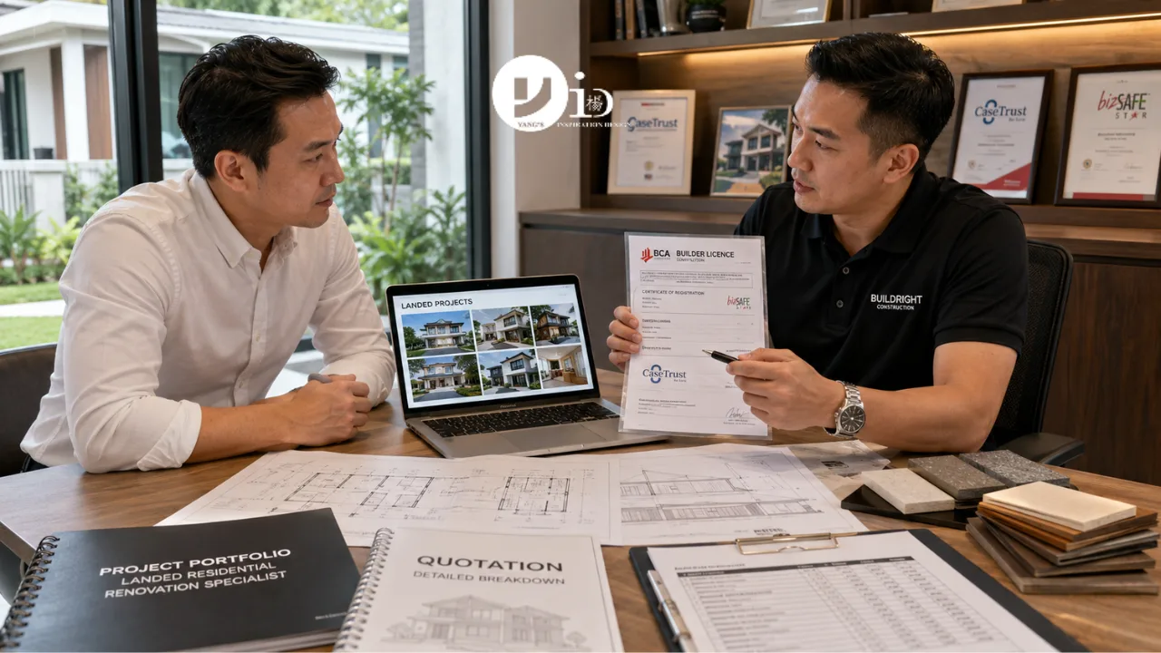 A homeowner evaluates contractor credentials and project portfolios before selecting a landed house renovation contractor in Singapore.
