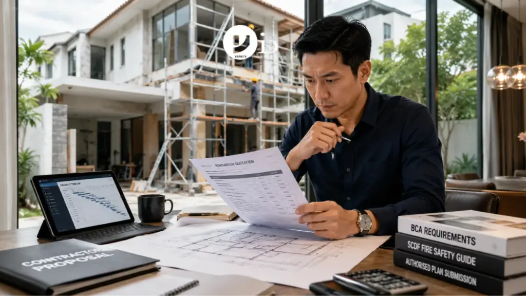 A homeowner reviews contractor quotations and renovation plans for a landed house renovation in Singapore while evaluating project requirements and costs.