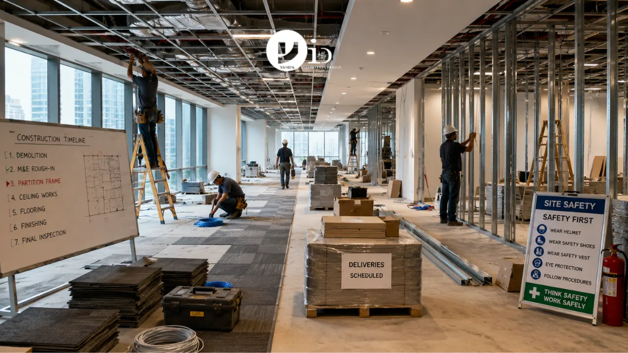 A commercial office renovation in Singapore progresses through multiple construction stages including partitions, ceilings, and electrical installations. The image demonstrates the importance of proper sequencing and project coordination.
