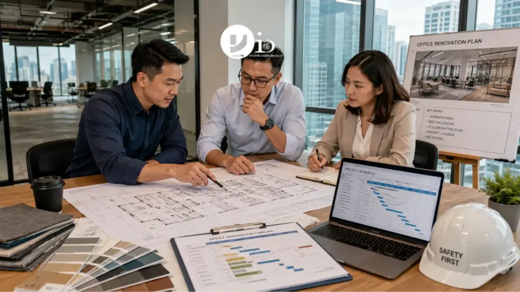 A business owner and design team review plans and schedules for an office renovation in Singapore before construction begins. The scene highlights the planning and decision-making process required for a successful commercial fit-out.