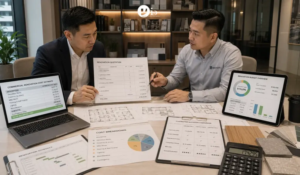 A Singapore business owner reviews commercial renovation costs, quotations, and project budgets before making an investment decision.