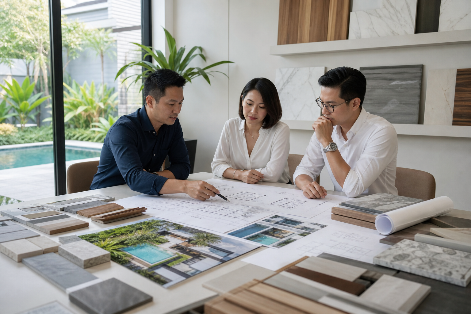 Design team reviewing bungalow renovation plans, material samples and budget priorities