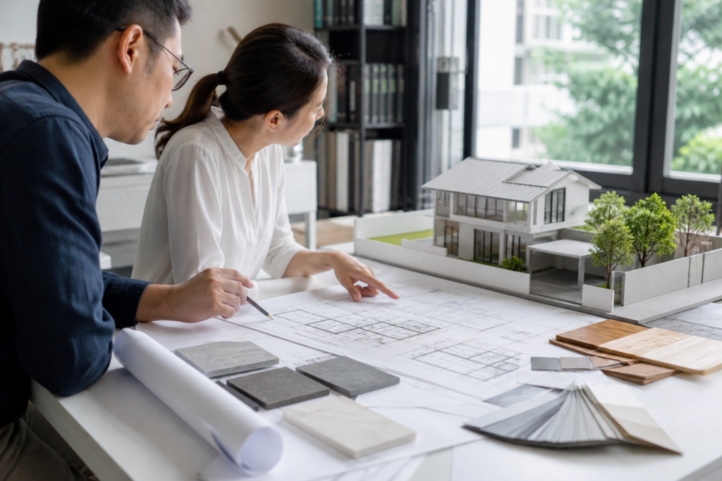 Architect and homeowner reviewing plans for landed house A&A works in Singapore
