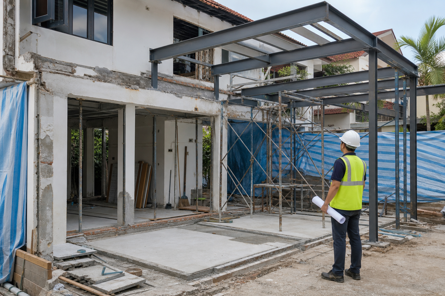 Engineer inspecting structural addition and alteration works at a Singapore landed house