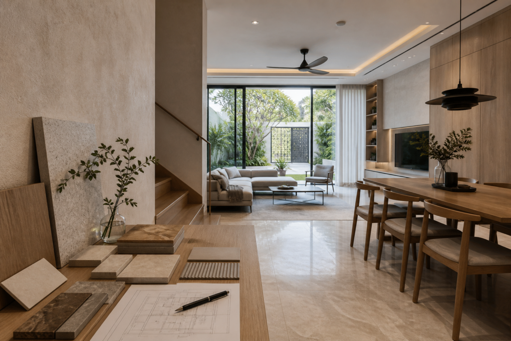 Contemporary Singapore landed home interior with renovation material samples and floor plans