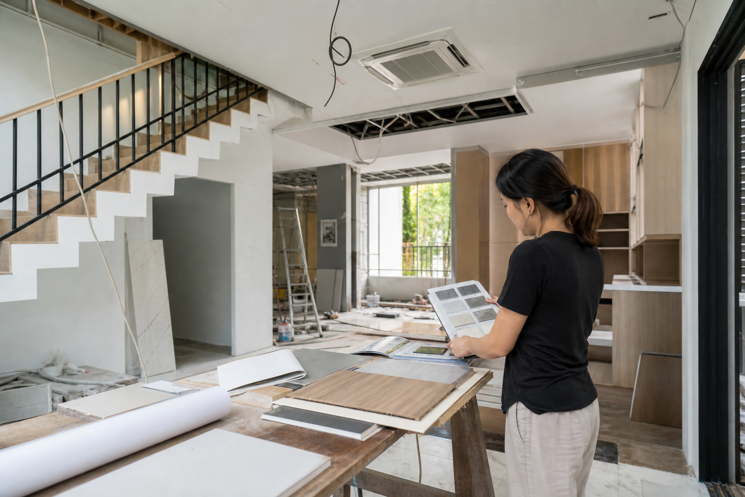 Interior designer reviewing material selections at a Singapore landed house renovation site
