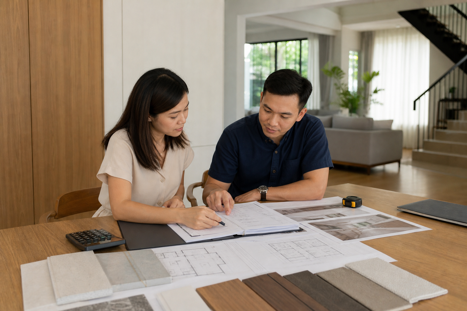 Homeowners reviewing a semi-detached house renovation budget with plans and material samples