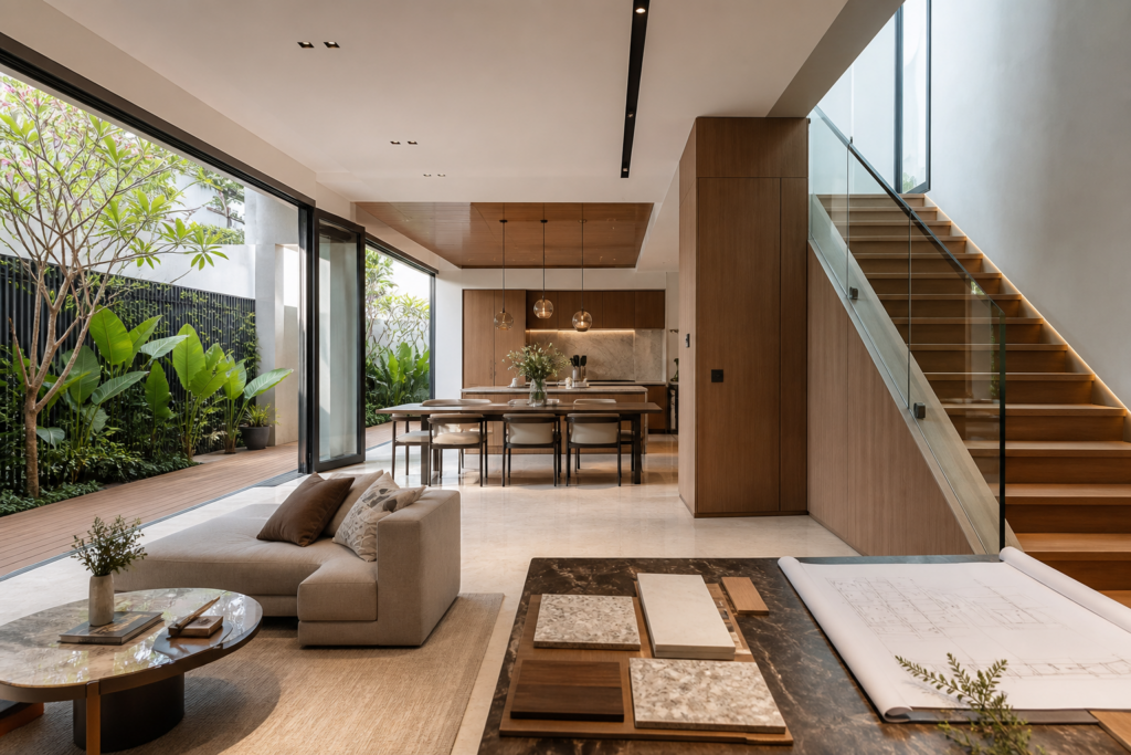 Renovated semi-detached house interior in Singapore with open living spaces and side garden daylight