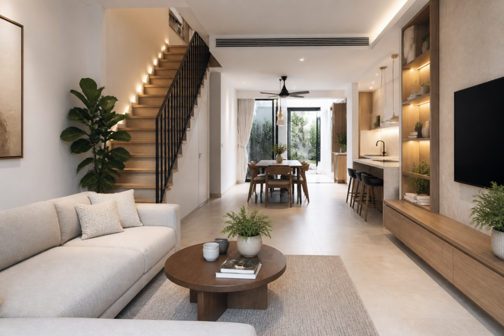 Renovated Singapore terrace house with an open living, dining and kitchen layout
