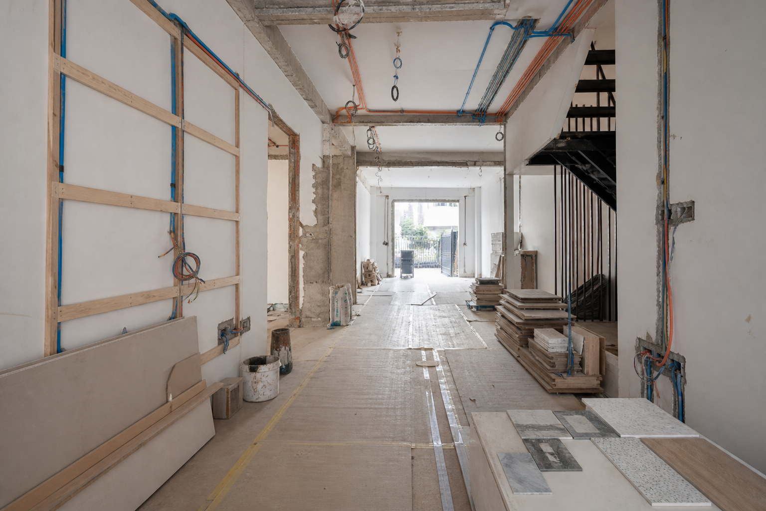 Singapore terrace house renovation site showing electrical and interior works