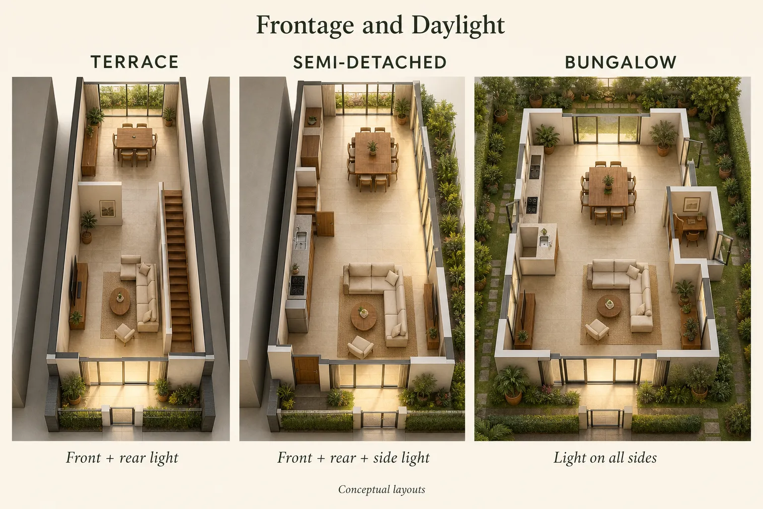 difference between terrace, semi-detached and bungalow house