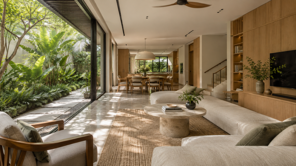 Landed living room opening to a shaded side garden