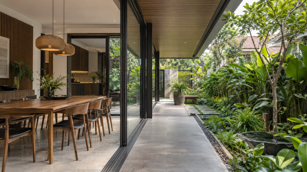 Sheltered dining area and garden interface in a landed home