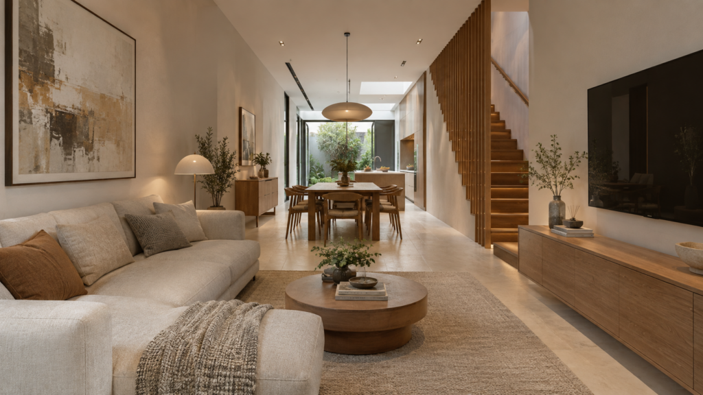 Terrace living and dining room with timber stair and rear daylight