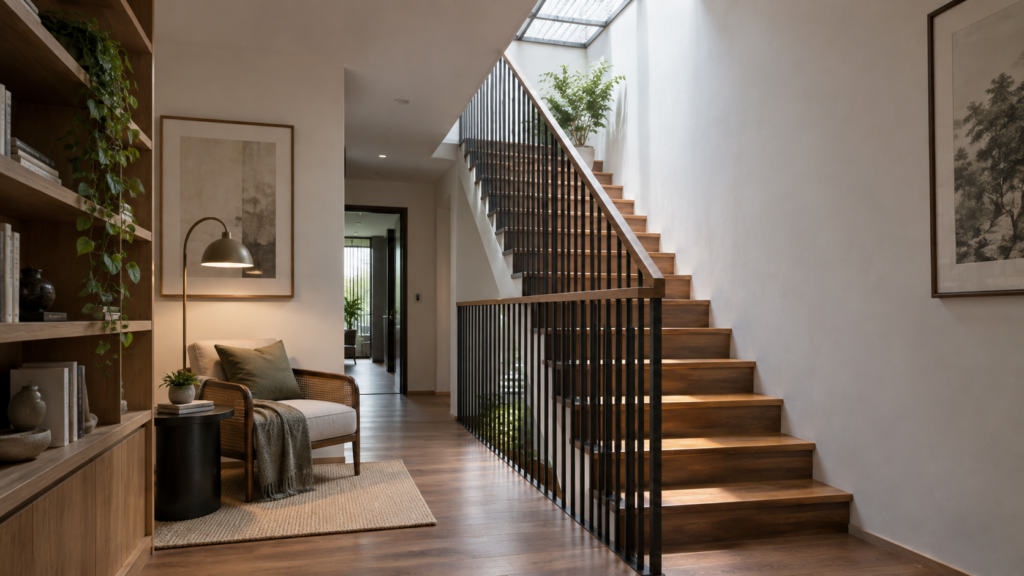 Timber staircase beneath a rooflight illustrating roof and interior interfaces