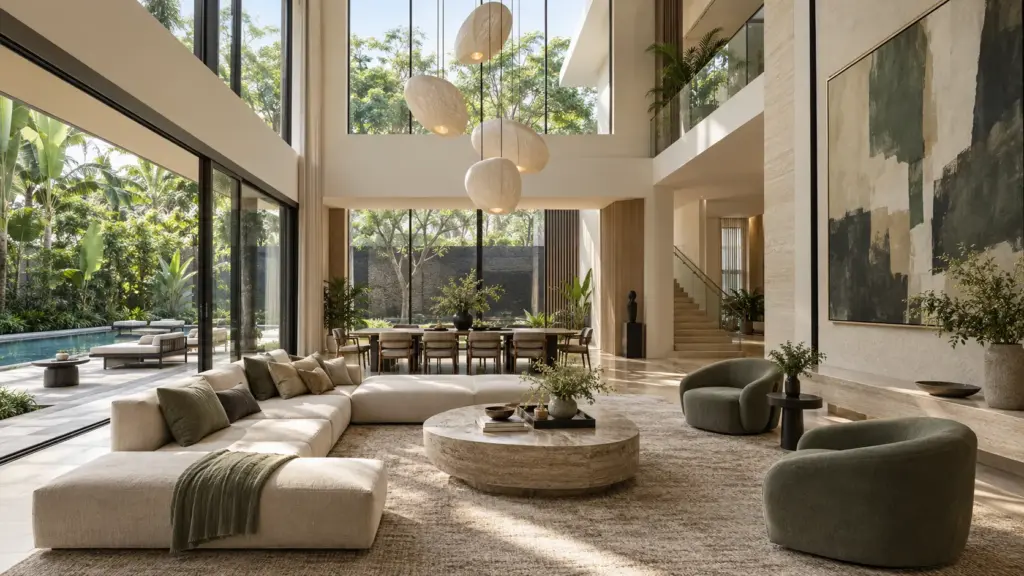 double-volume living and dining spaces