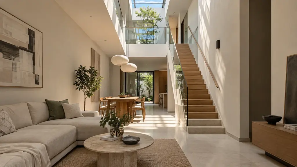 Natural light in a deep terrace house with a skylight above the central staircase and living area