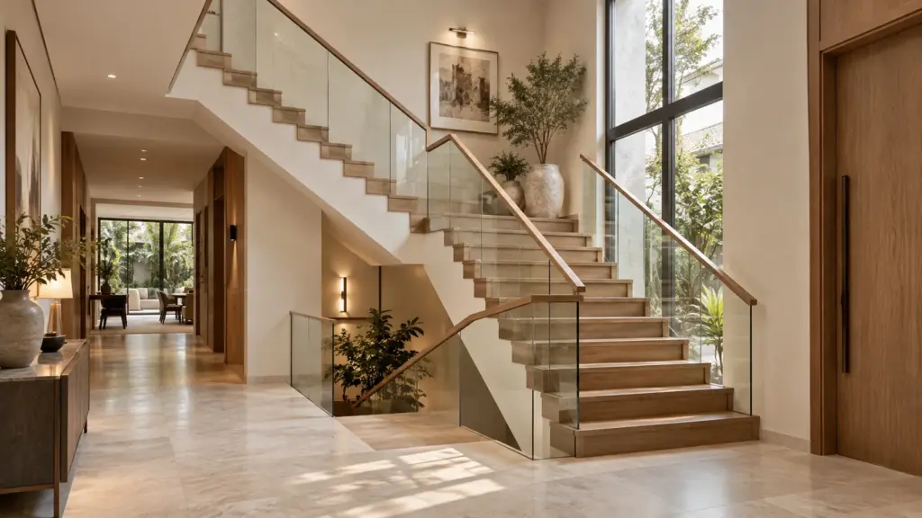 Timber staircase with closed risers and glass balustrades in a bright contemporary landed home