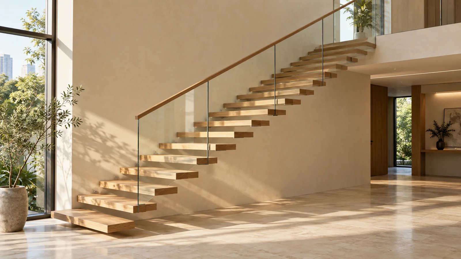 Floating staircase with oak treads, open risers and a glass balustrade beside a tall window
