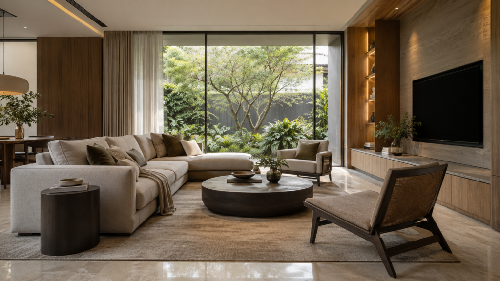 Landed living room with timber finishes and garden views