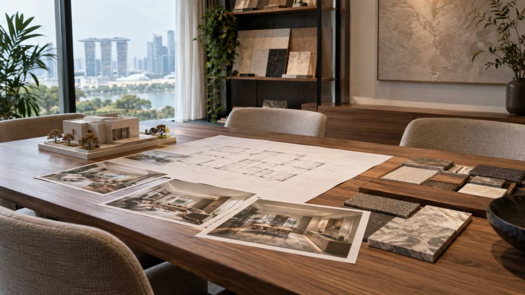 Consultation table with plans, material samples and a house model