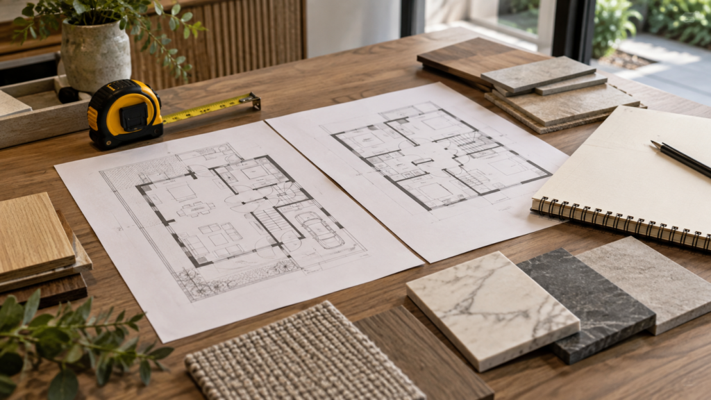 Two floor-plan drawings and finish samples prepared for scope comparison