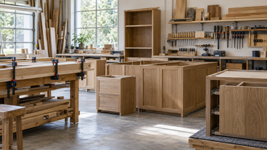 Illustrative carpentry workshop with cabinet modules and organised tools