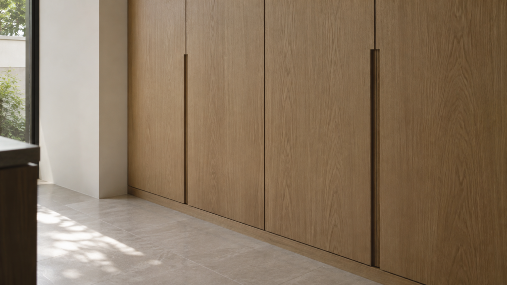 Closed oak veneer cabinet fronts with aligned joints and recessed pulls