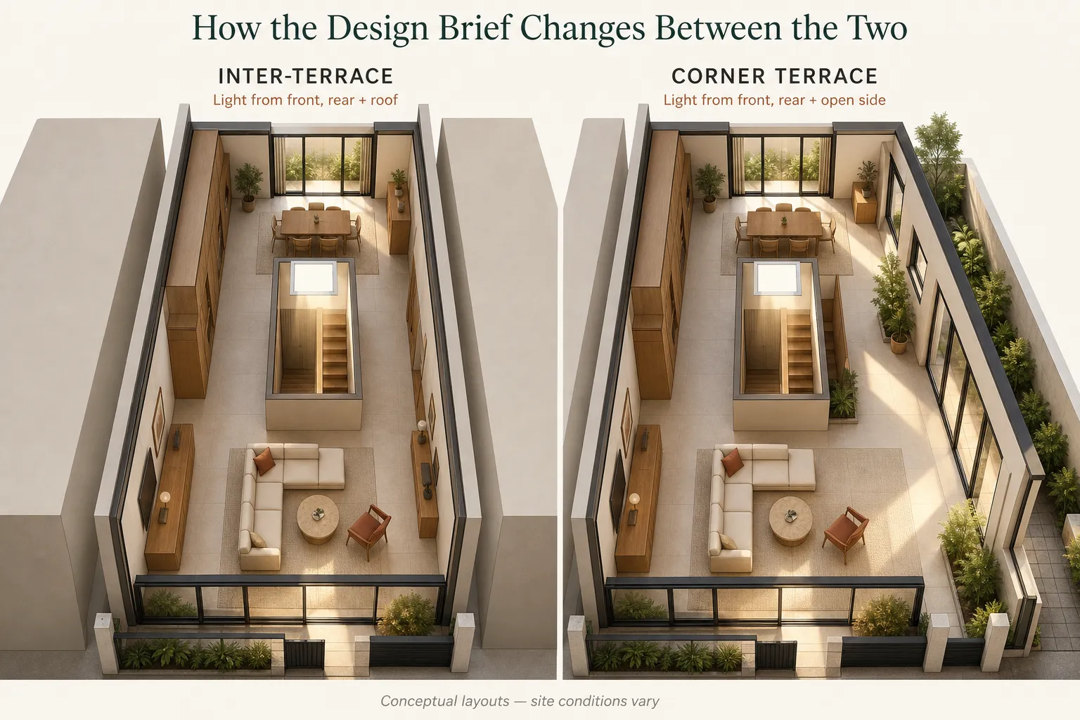 inter-terrace vs corner terrace house in daylight