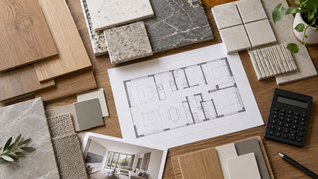 Floor plan and material samples used to define an interior design brief