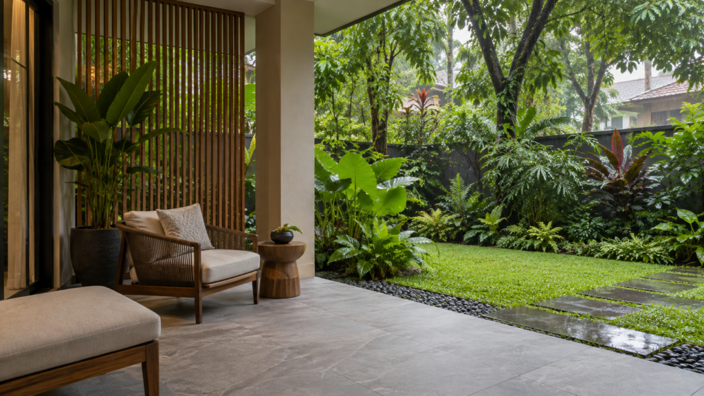 Sheltered tropical veranda overlooking a rain-wet garden