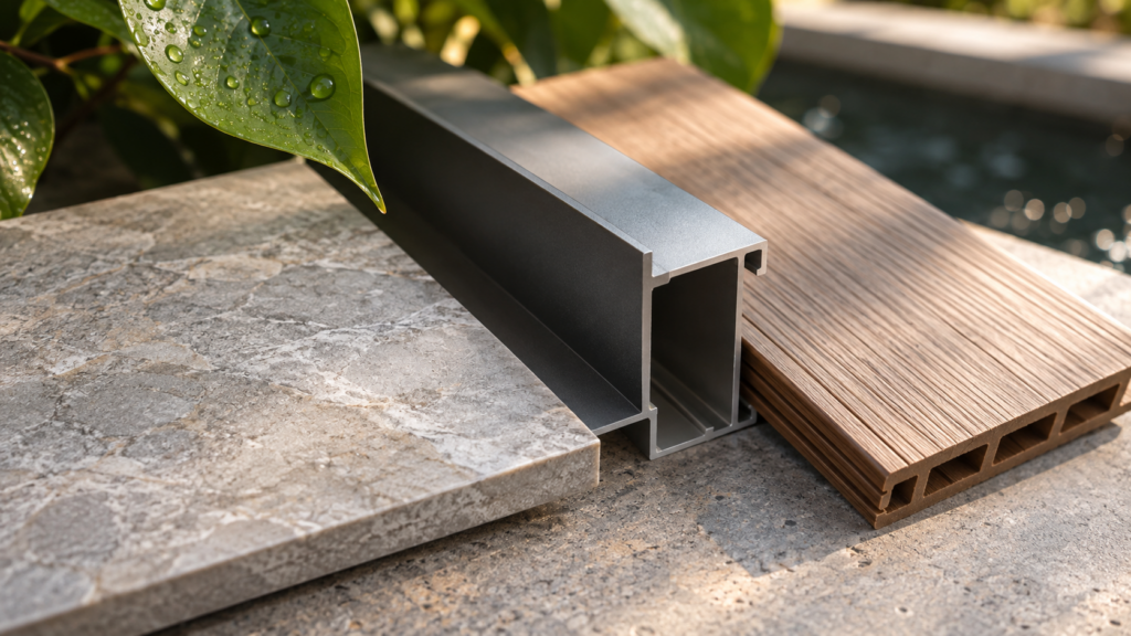 Materials for Singapore's Climate: A Landed Home Selection Guide 2 Conceptual tile, coated metal and timber-look material samples