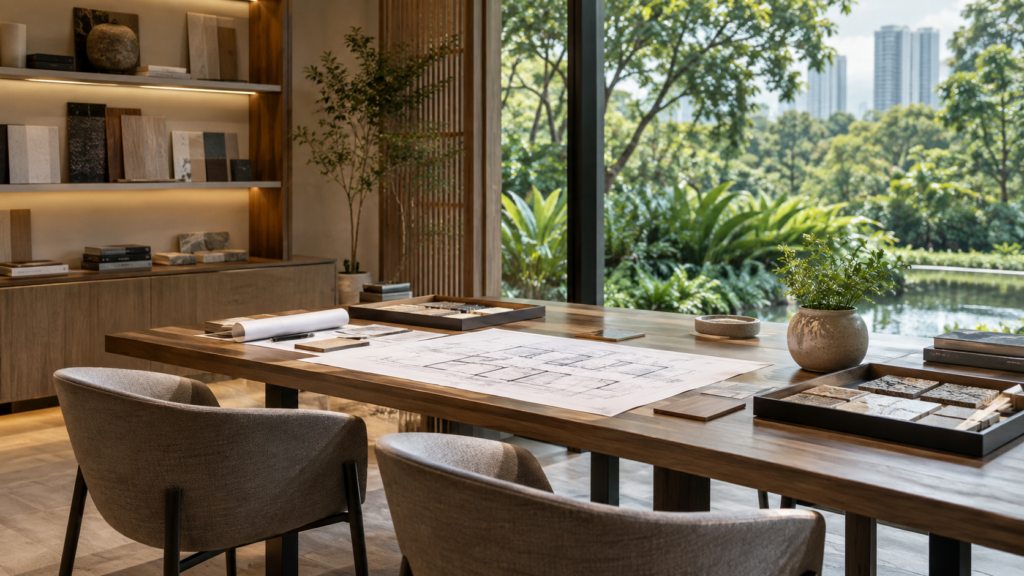 Design consultation table with drawings, material trays and two chairs